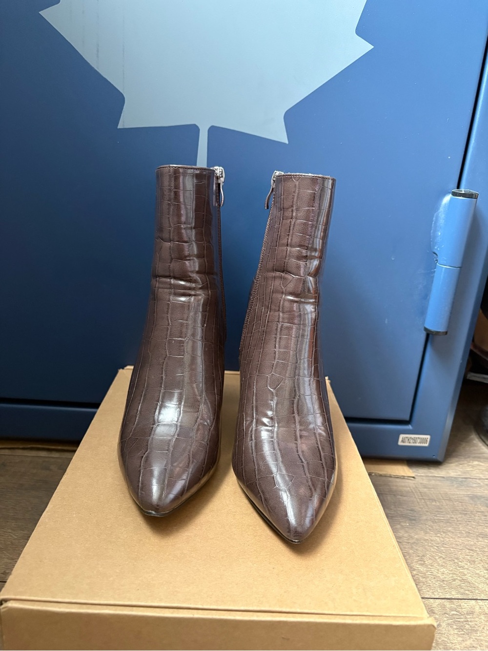 Women's Brown Croc-Embossed Pointed Toe Ankle Boots